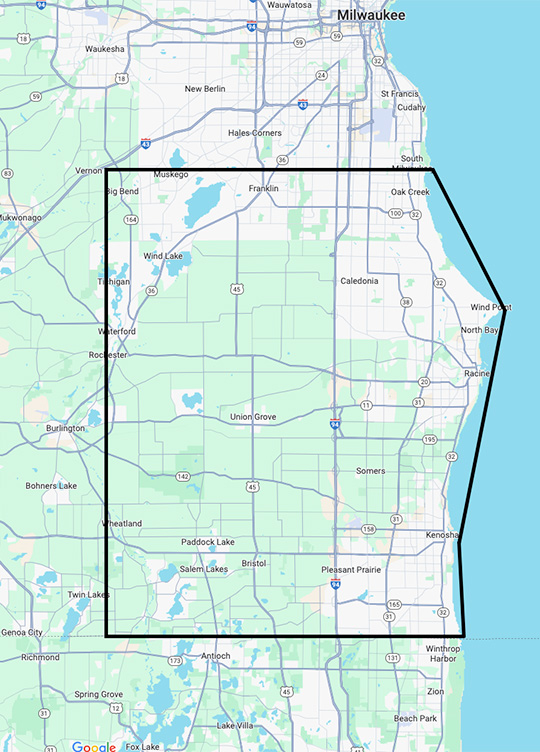 Service map showing Racine and Kenosha counties