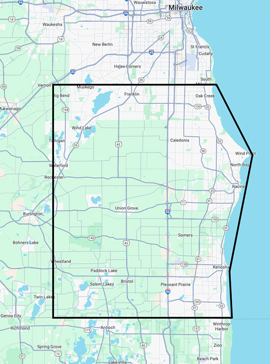 Service map showing Racine and Kenosha counties